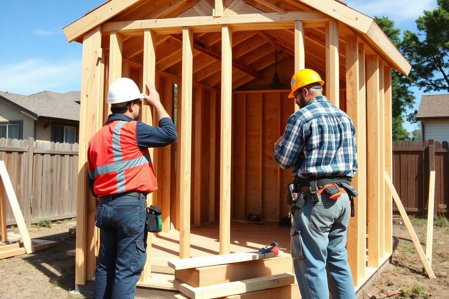 Builders framing a wooden shed on a residential lot in Central Arkansas