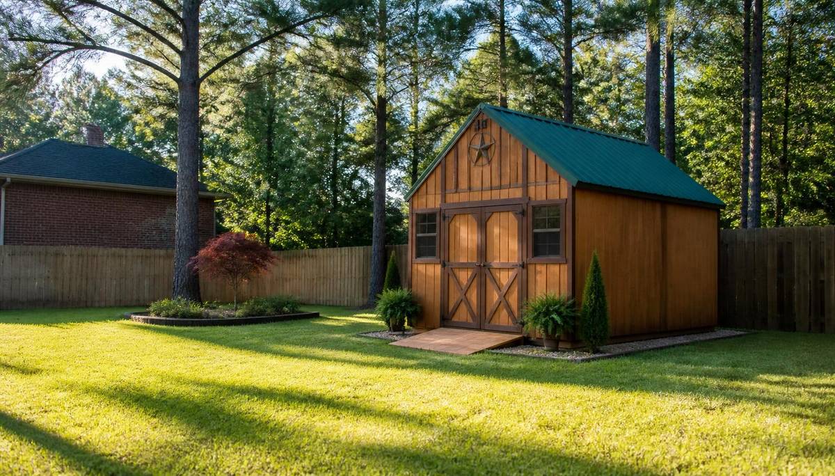 Custom wooden storage shed with green metal roof in a Conway, Arkansas backyard