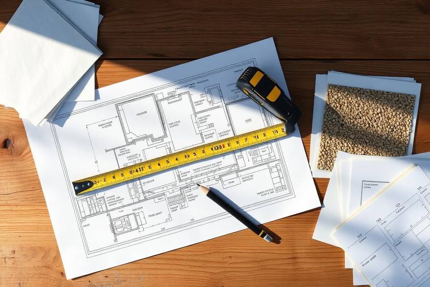Shed planning documents, tape measure and pad material samples