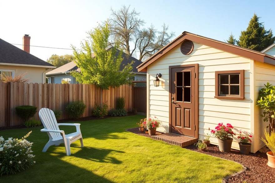 Finished backyard shed with cream siding and brown trim